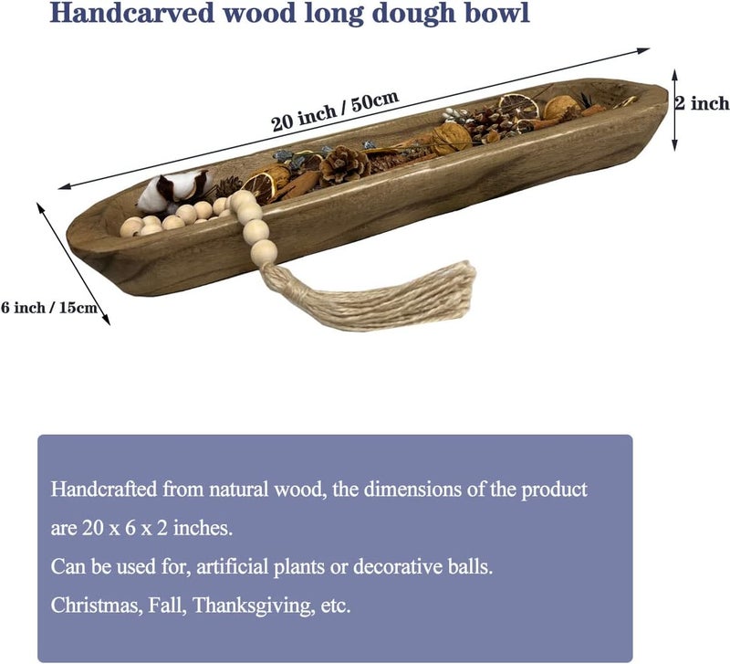 BEDAZE Wooden Dough Bowls Decorative，Rustic Bread Long Bowls Decor Wood Tray, Hand Carved For Table Centerpiece Decor, Home Decor (20 * 6 * 2 inch Brown) - Image 2